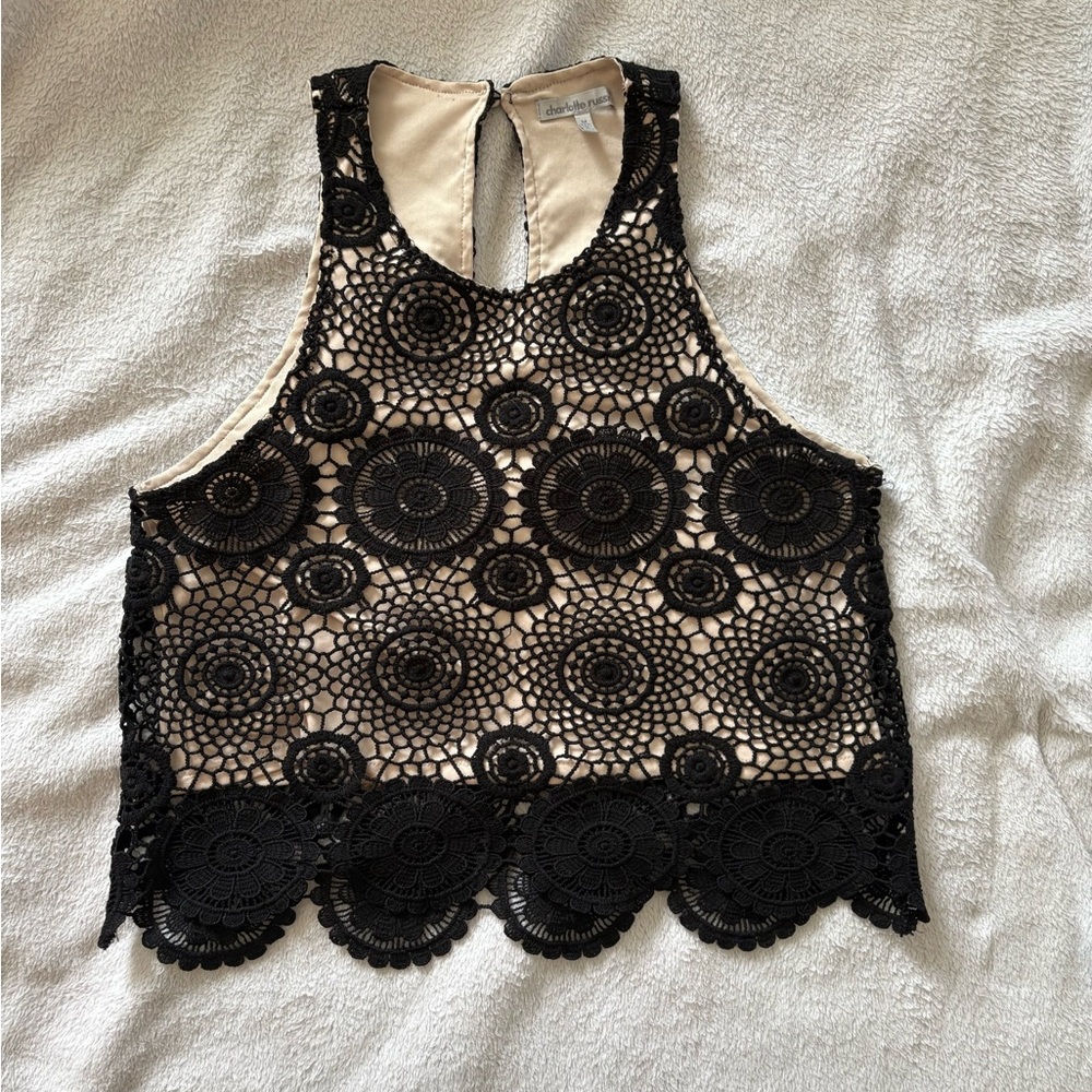 Charlotte Russe Black and Cream Cropped Tank Top